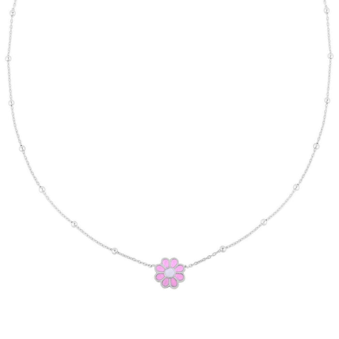 Sterling Silver Rhodium Plated Enamel Pink Flower Necklace