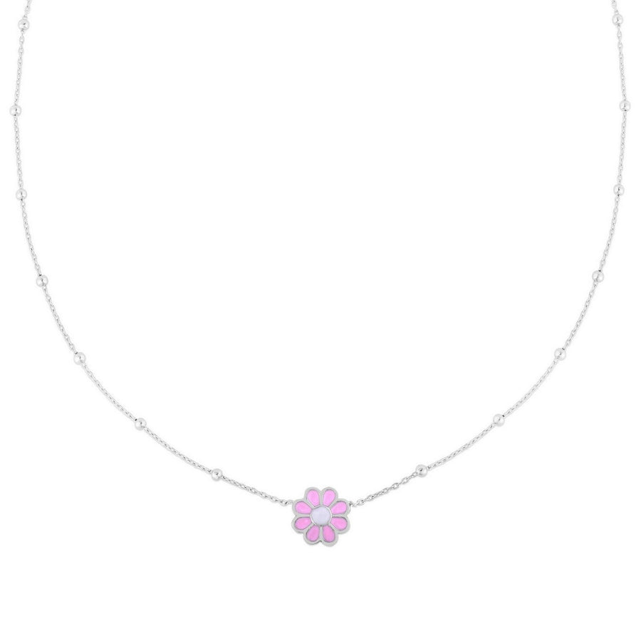 Sterling Silver Rhodium Plated Enamel Pink Flower Necklace
