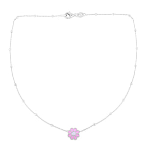 Sterling Silver Rhodium Plated Enamel Pink Flower Necklace