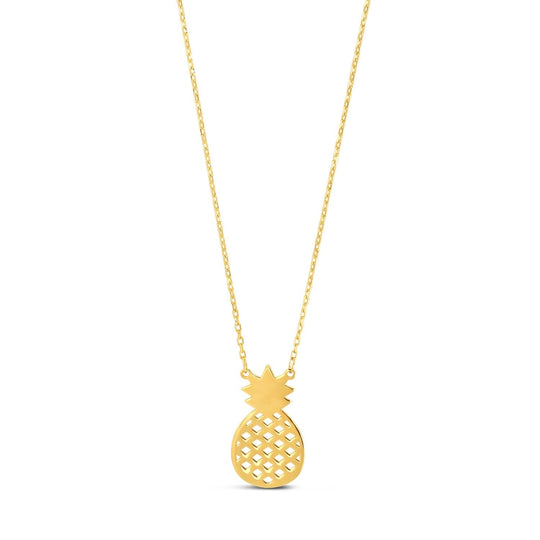 10K yellow gold pineapple pendant necklace with cross-hatched body and leaf crown