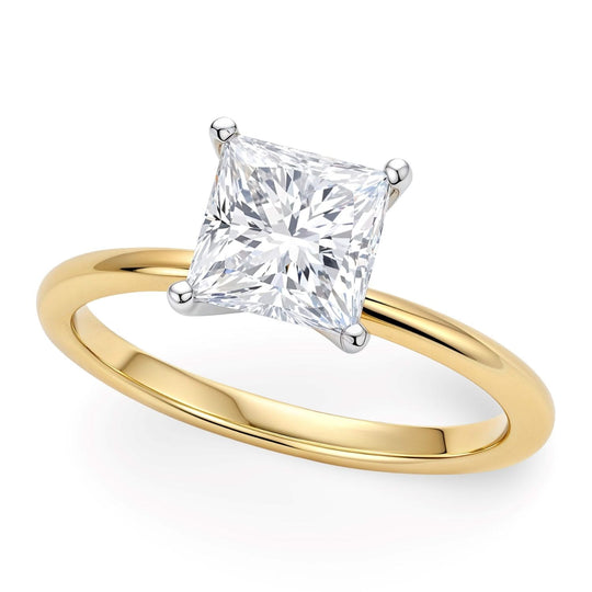 10K yellow gold ring with one princess-cut diamond in a solitaire setting