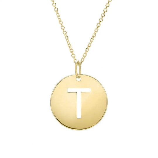 14K yellow gold disc initial T pendant with raised center letter