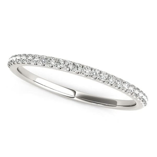 14K white gold ring with pave-set round diamond stones along the band