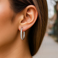 Sterling Silver Faceted Motif Large Hoop Earrings with Rhodium Plating(4x25mm)
