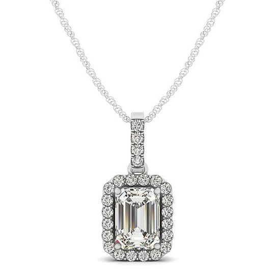 14K white gold pendant with round diamond center and halo of accent diamonds