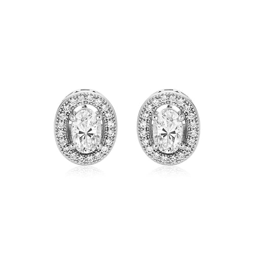 Sterling Silver Beaded Oval Bezel Set Cubic Zirconia Earrings