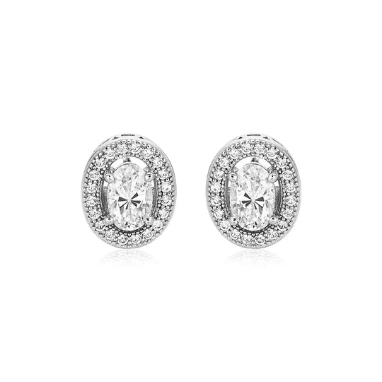 Sterling Silver Beaded Oval Bezel Set Cubic Zirconia Earrings