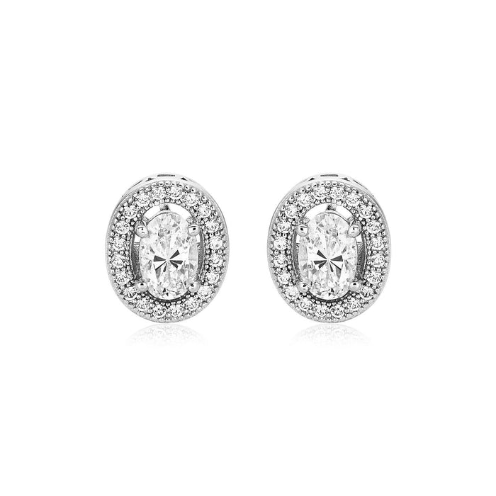 Sterling Silver Beaded Oval Bezel Set Cubic Zirconia Earrings