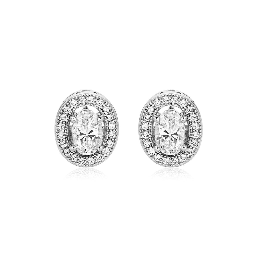 Sterling Silver Beaded Oval Bezel Set Cubic Zirconia Earrings