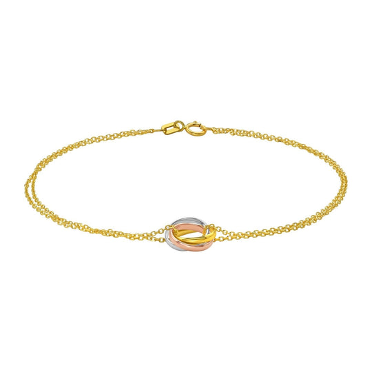 14K tri-color gold trinity chain bracelet with braided yellow white and rose links