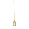 14K yellow gold rectangle necklace with mother-of-pearl and geometric gold accents