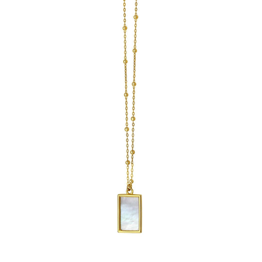 14K yellow gold rectangle necklace with mother-of-pearl and geometric gold accents