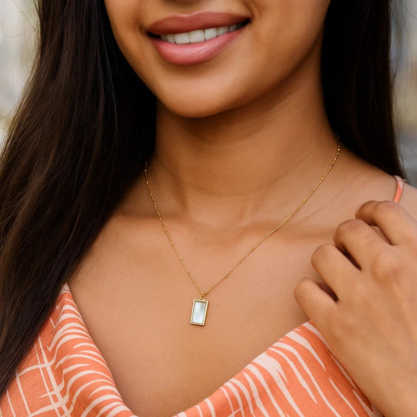 MOP Geometric Gem Rectangle Necklace in 14K Yellow Gold