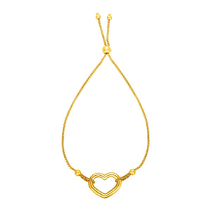 Adjustable Bracelet with Shiny Open Heart in 14k Yellow Gold (1.00 mm)