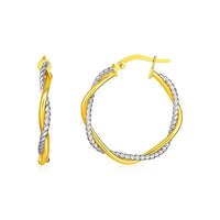 14k Yellow and White Gold Two Part Textured Twisted Round Hoop Earrings(3x23mm)