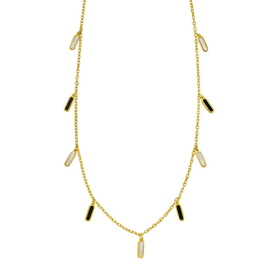 14K yellow gold station necklace with onyx and mother-of-pearl inlay panels