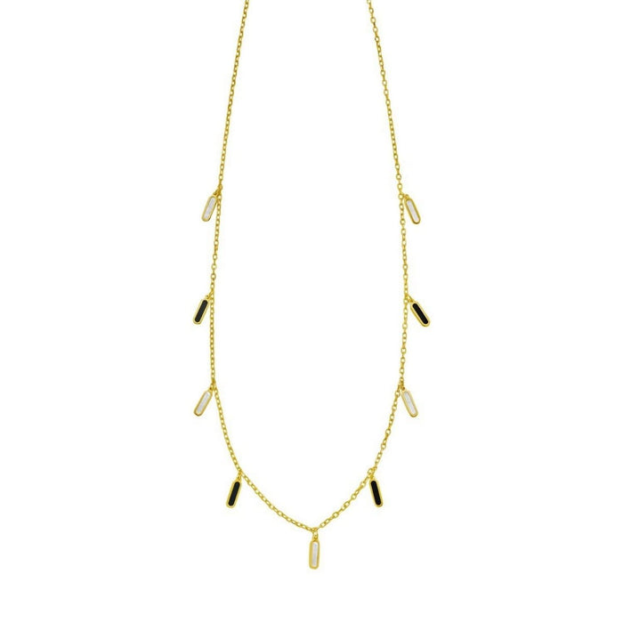 14K Yellow Gold Onyx And MOP Inlay Station Necklace