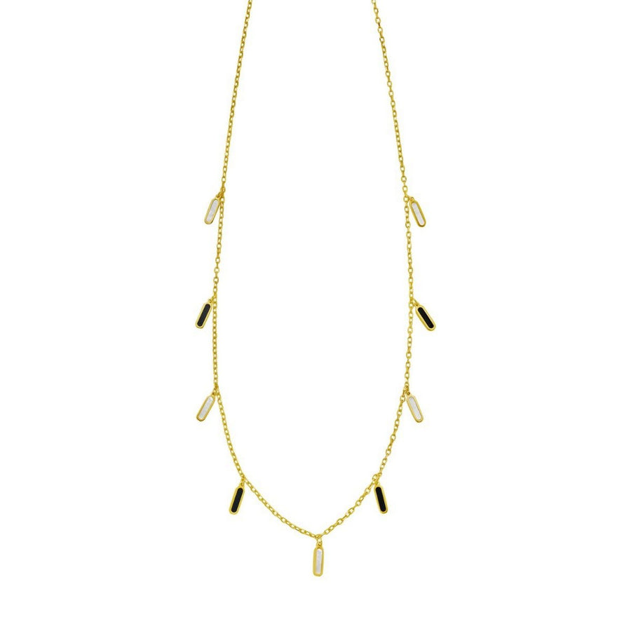 14K Yellow Gold Onyx And MOP Inlay Station Necklace