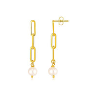 14k Yellow Gold Paperclip Chain Link Earrings with Pearls