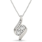 14k white gold pendant necklace with 2 round diamond stones on curved bar thumbnail 1