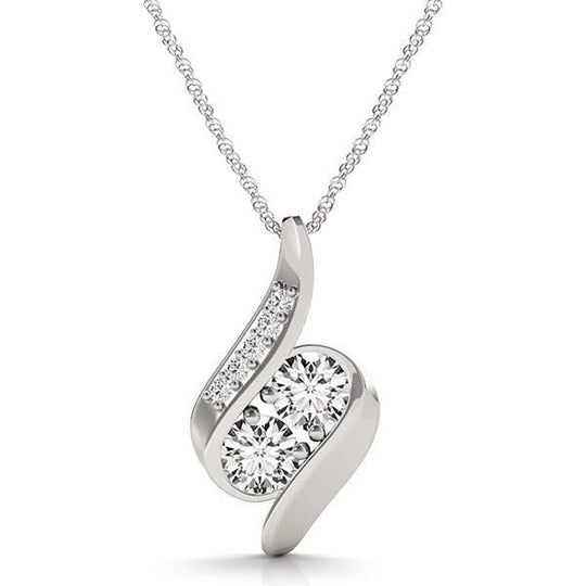 14k white gold pendant necklace with 2 round diamond stones on curved bar