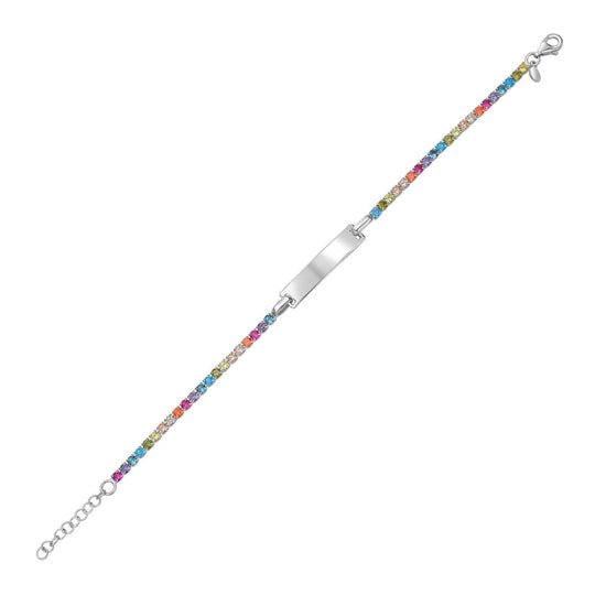 925 sterling silver ID bracelet with rainbow round cubic zirconia stones