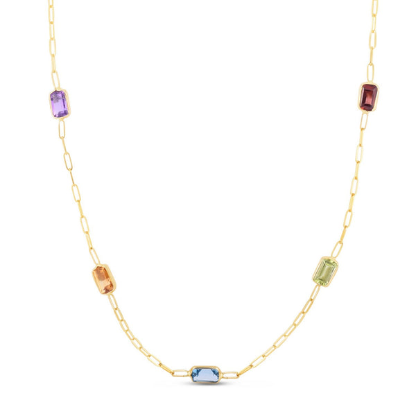 14K Yellow Gold Multi Gemstone Paperclip Necklace (1.50 mm)