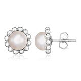 Sterling Silver Round Flower Motif Earrings with Pearl thumbnail 1