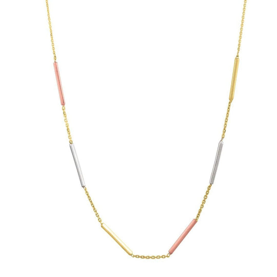 10K tri tone gold stationed bar necklace with polished yellow, white, and rose bars