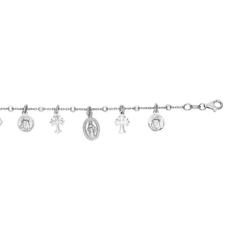 Sterling Silver 7 1/4 inch Bracelet with Crosses and Religious Medal Charms
