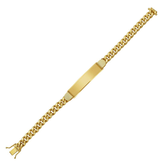 14K yellow gold Cuban link ID bracelet, 7.20 mm wide with center plate