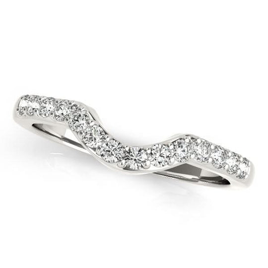 14K white gold curved wedding band with pave-set round diamond stones