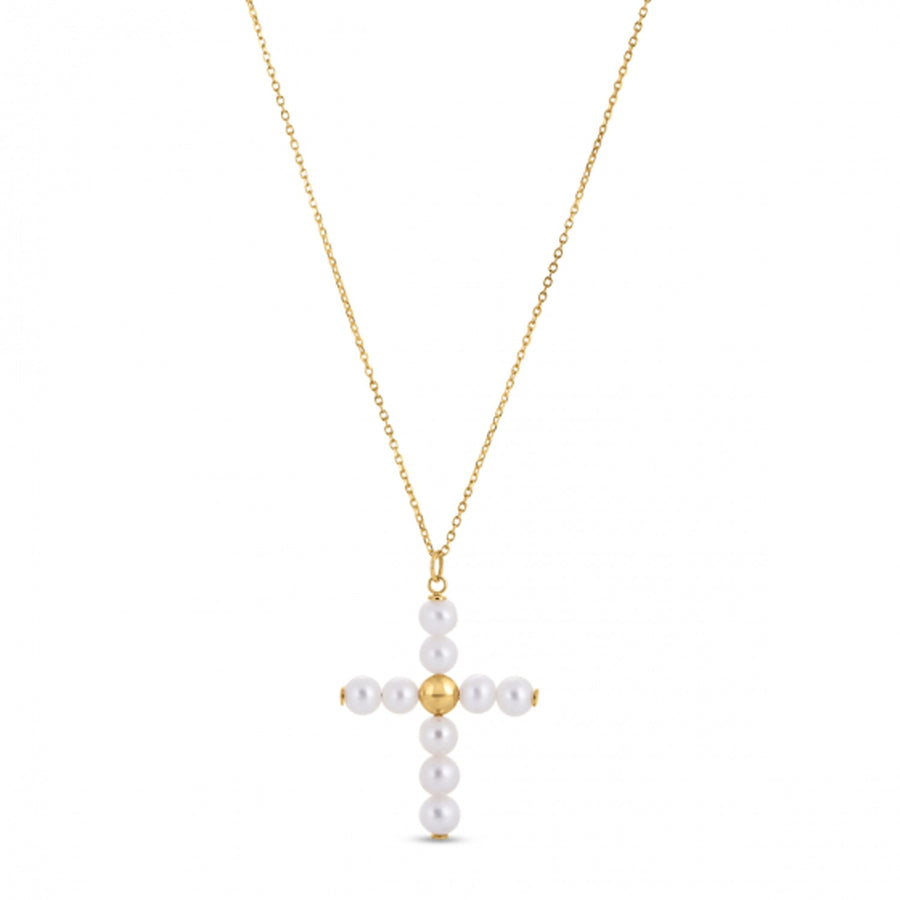 14k Yellow Gold Pearl Cross Pendant