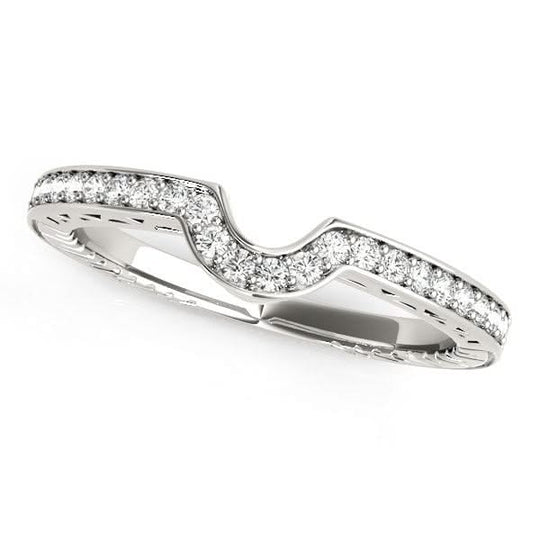 14K white gold curved wedding band with prong-set round diamond stones