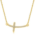 14K yellow gold curved cross necklace with round diamond accent stones