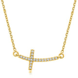 14K yellow gold curved cross necklace with round diamond accent stones thumbnail 1