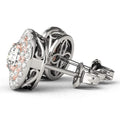 14K rose gold ring with round diamond stones in a white gold halo setting