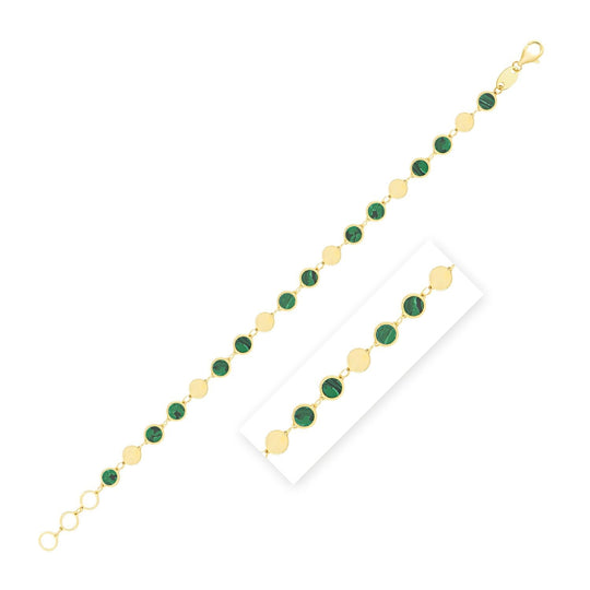 14K yellow gold bracelet with alternating malachite gemstone links