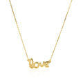14K yellow gold script LOVE necklace pendant with connected cursive lettering