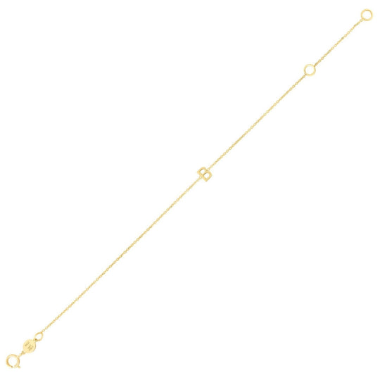 14K yellow gold mini initial B bracelet on a fine-link chain