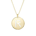 14K yellow gold disc initial R pendant with raised letter and integrated bail