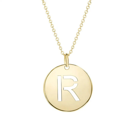 14K yellow gold disc initial R pendant with raised letter and integrated bail