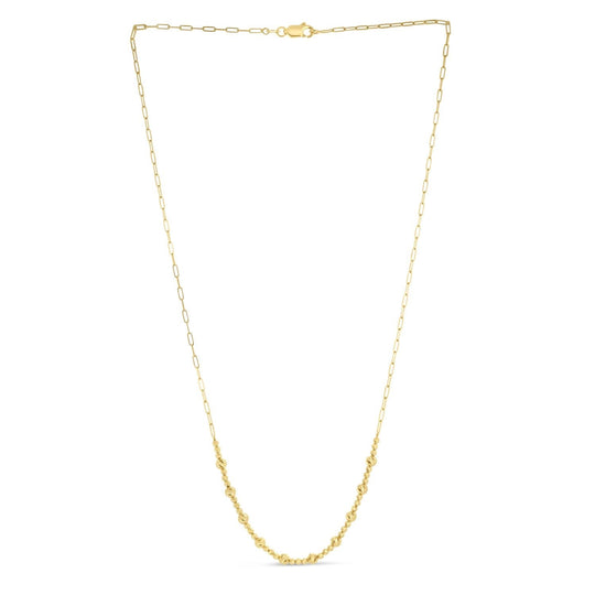 14K yellow gold paperclip necklace with alternating oval links and round gold beads