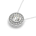 14K white gold necklace with bezel-set diamond halo pendant
