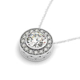 14K white gold necklace with bezel-set diamond halo pendant thumbnail 1