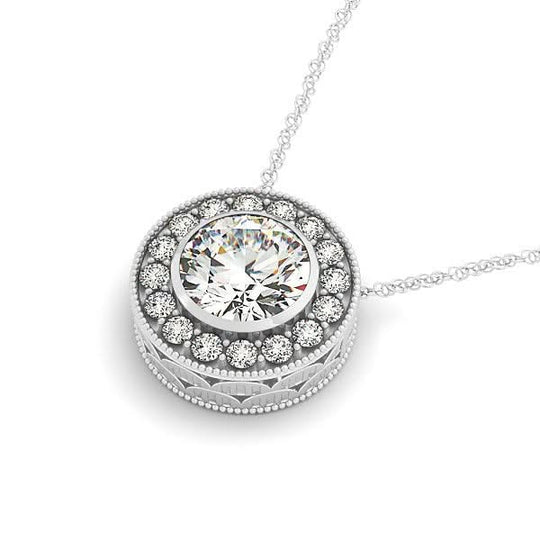 14K white gold necklace with bezel-set diamond halo pendant