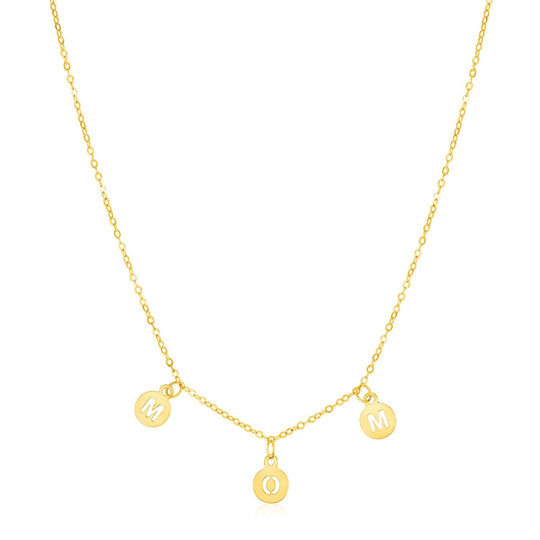 14K yellow gold Mom necklace with script lettering and circle drop details