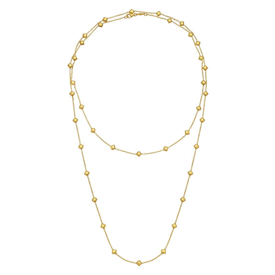 14K yellow gold pyramid station layered necklace with faceted geometric beads