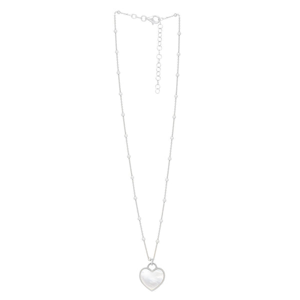 Sterling Silver Rhodium Plated and Mother of Pearl Heart Pendant Necklace