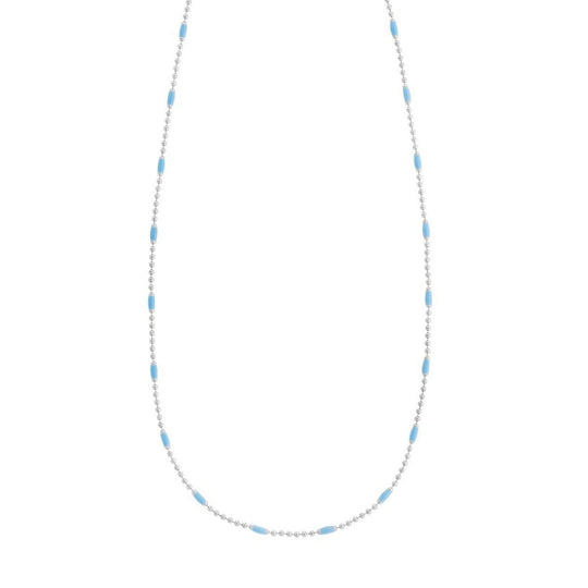 Sterling silver rhodium plated beaded necklace with blue enamel bands